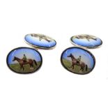 Pair of silver enamel horse cufflinks, stamped 925