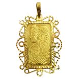 Suisse 5g Fine gold 999.9 Lady Fortuna ingot, loose mounted in 22ct gold open work pendant