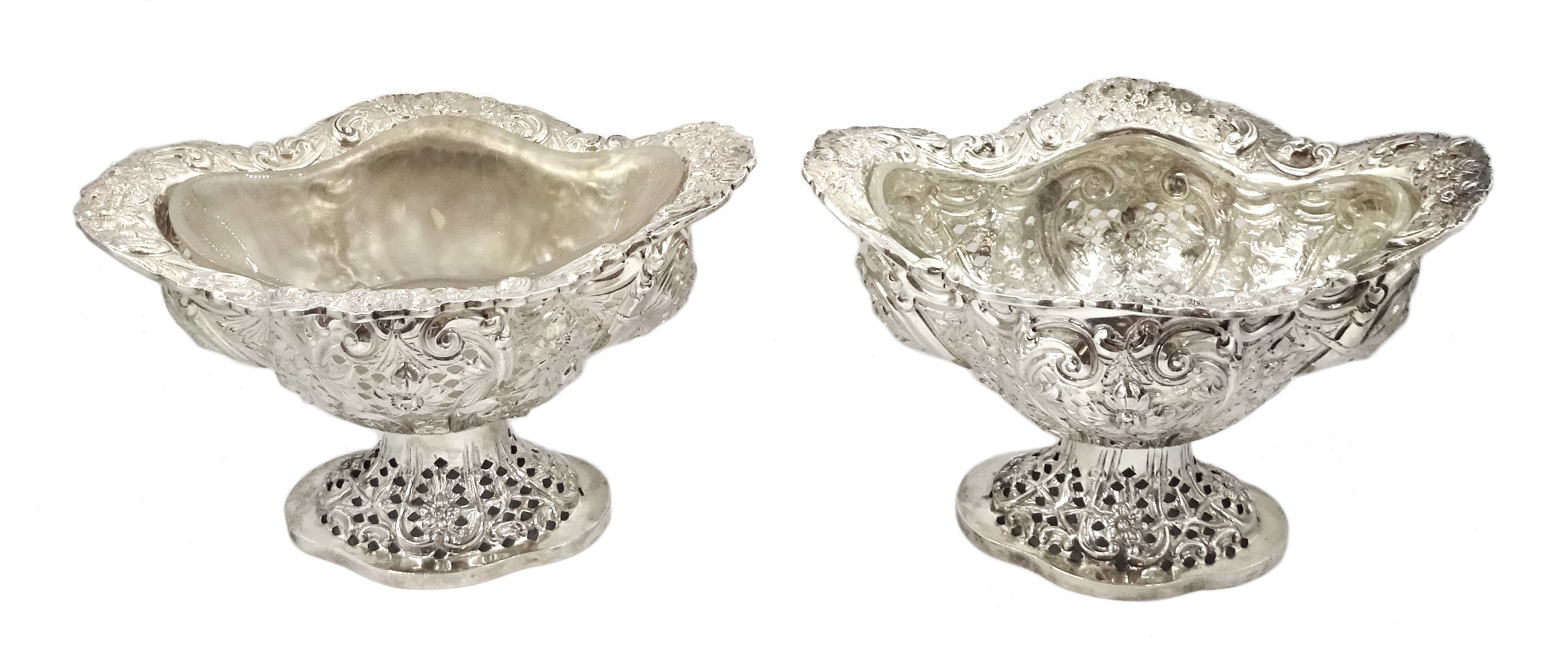Four Victorian silver pedestal bon bon dishes, embossed foliate and pierced decoration, with glass l - Image 12 of 20