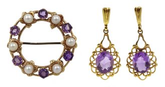 Gold amethyst and pearl circular brooch and a pair of gold amethyst pendant earrings, all hallmarked
