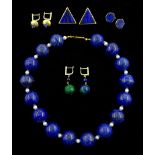 Lapis lazuli and pearl bead necklace and four pairs of gilt lapis lazuli stud earrings