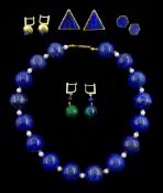 Lapis lazuli and pearl bead necklace and four pairs of gilt lapis lazuli stud earrings