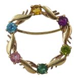 9ct gold gemstone set circular brooch including peridot, citrine and amethyst, hallmarked