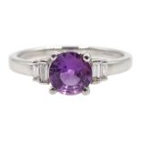 18ct white gold fancy purple sapphire ring, with baguette diamond shoulders, hallmarked