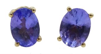 Pair of 9ct gold oval tanzanite stud earrings, stamped 375