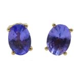 Pair of 9ct gold oval tanzanite stud earrings, stamped 375