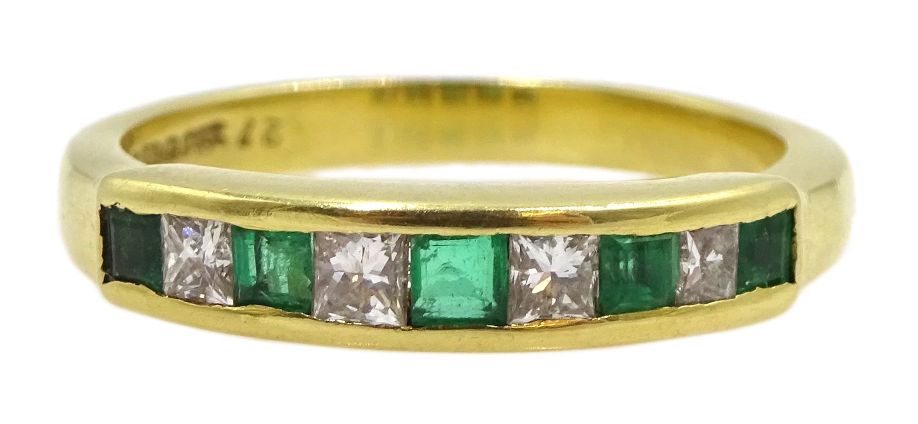 18ct gold princess cut emerald and diamond half eternity ring, London 1989