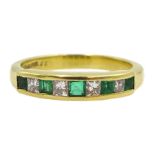 18ct gold princess cut emerald and diamond half eternity ring, London 1989