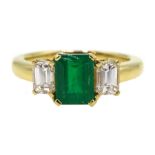 18ct gold emerald and baguette cut diamond ring, hallmarked, emerald approx 1.20 carat, diamond tota