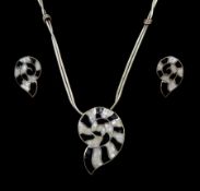 Silver mother of pearl and Whitby Jet ammonite design pendant necklace and matching stud earrings, s