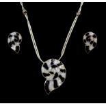 Silver mother of pearl and Whitby Jet ammonite design pendant necklace and matching stud earrings, s