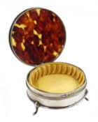 Silver circular jewellery box, with tortoise shell lid and silk interior by W G Sothers Ltd, Birming