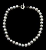 Single strand grey cultured pearl necklace, with silver clasp stamped 925