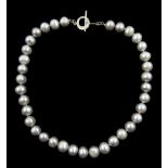 Single strand grey cultured pearl necklace, with silver clasp stamped 925