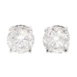 Pair of 18ct white gold round brilliant cut diamond stud earrings, total diamond weight 1.74 carat