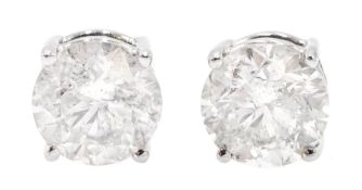 Pair of 18ct white gold round brilliant cut diamond stud earrings, total diamond weight 1.74 carat