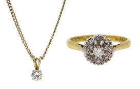 18ct gold diamond cluster ring, London 1973 and an 18ct gold diamond single stone pendant, diamond a