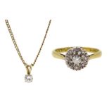 18ct gold diamond cluster ring, London 1973 and an 18ct gold diamond single stone pendant, diamond a