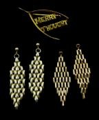 Pair of 14ct gold pendant earrings, similar pair of 9ct gold earrings and a 9ct gold 'Merry Thought'