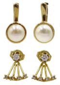 Pair of 14ct gold pearl earrings and a pair of 14ct gold cubic zirconia and diamond pendant earrings