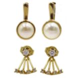 Pair of 14ct gold pearl earrings and a pair of 14ct gold cubic zirconia and diamond pendant earrings