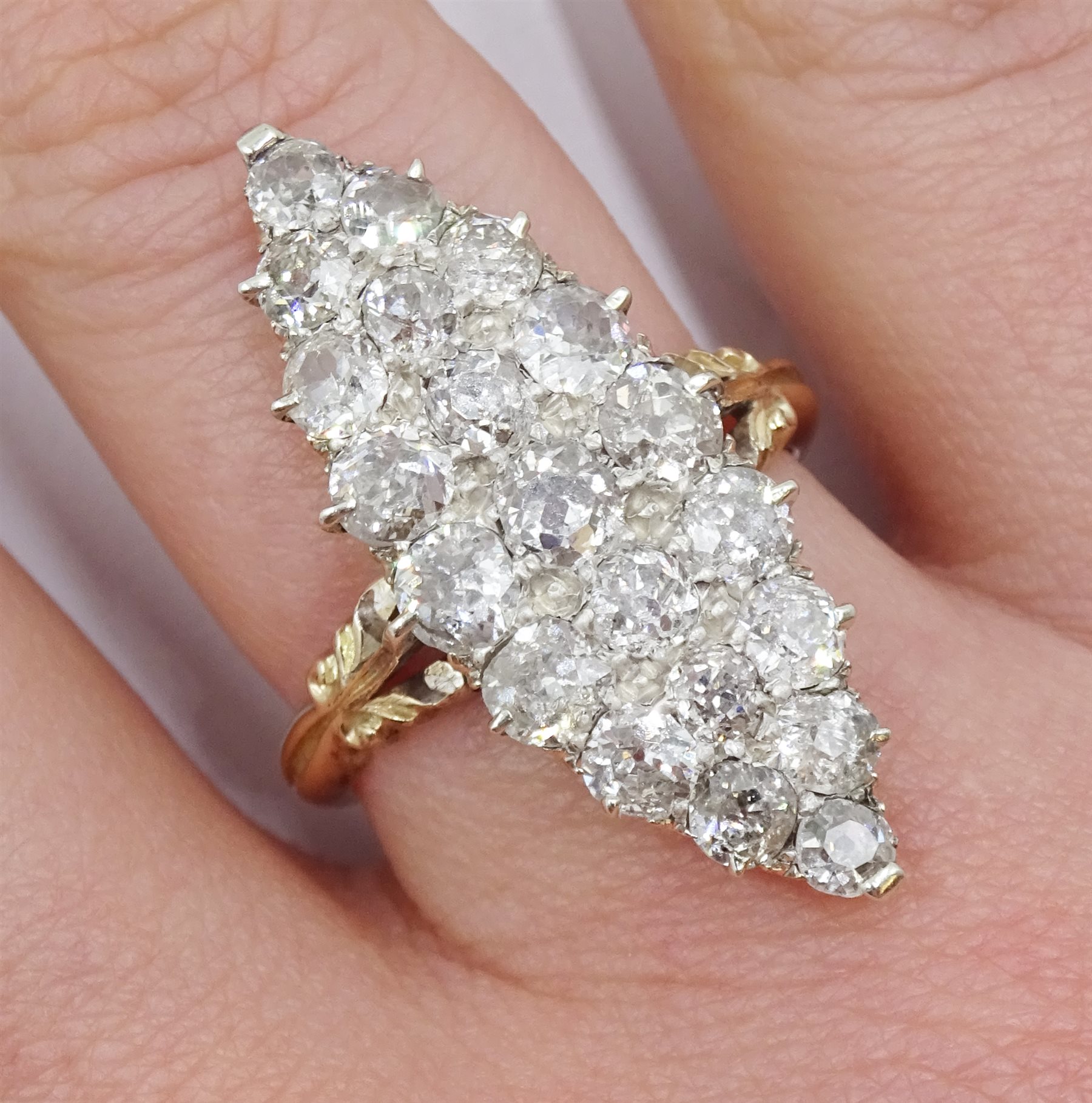 Victorian rose gold and silver, diamond marquise shaped ring, total diamond weight approx 1.70 carat - Image 2 of 12