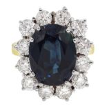 18ct gold unheated oval sapphire and diamond cluster ring, hallmarked, sapphire 7.26 carat, total di