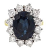 18ct gold unheated oval sapphire and diamond cluster ring, hallmarked, sapphire 7.26 carat, total di