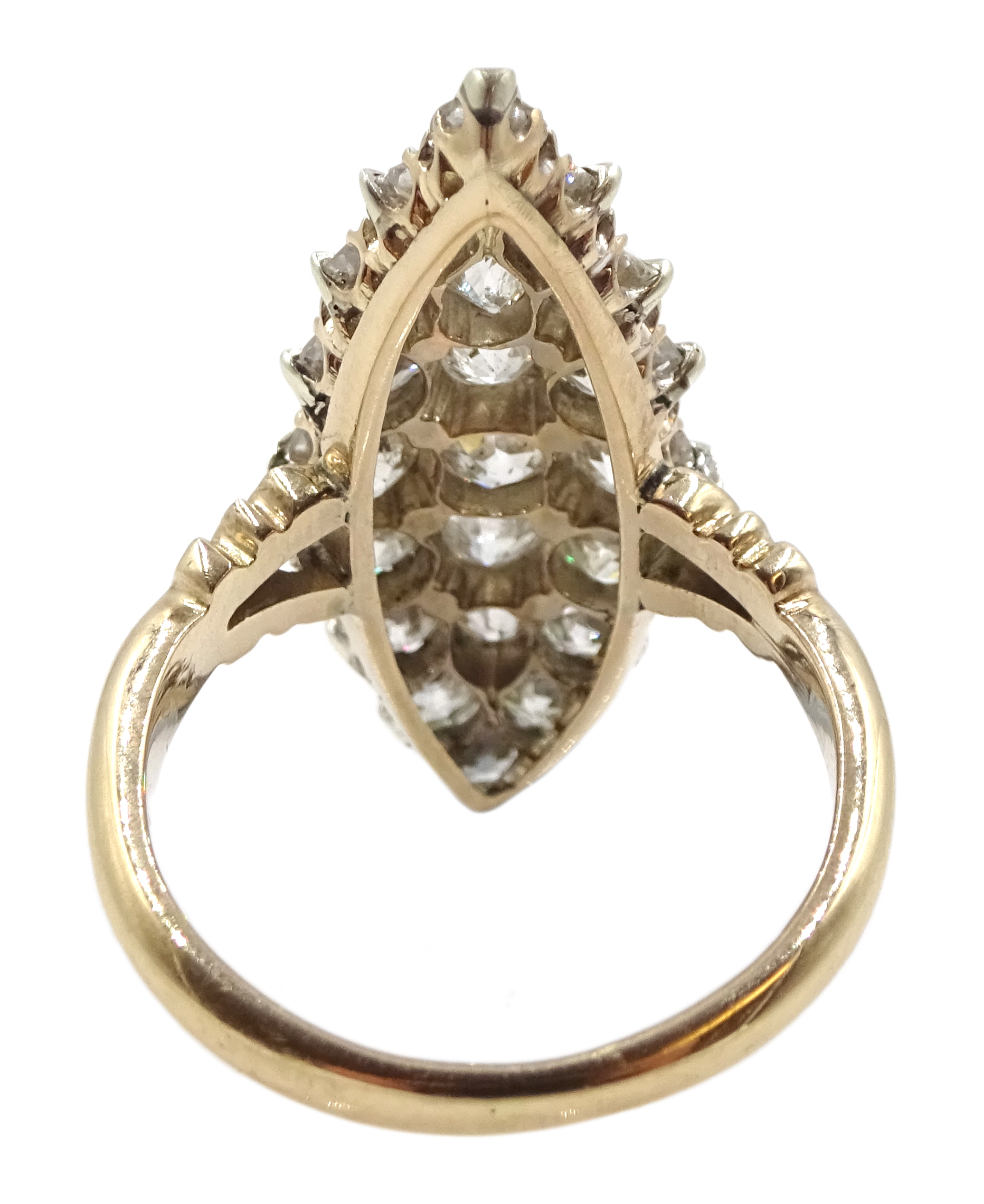 Victorian rose gold and silver, diamond marquise shaped ring, total diamond weight approx 1.70 carat - Image 12 of 12