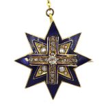 Victorian 15ct gold blue enamel, diamond and split pearl star brooch