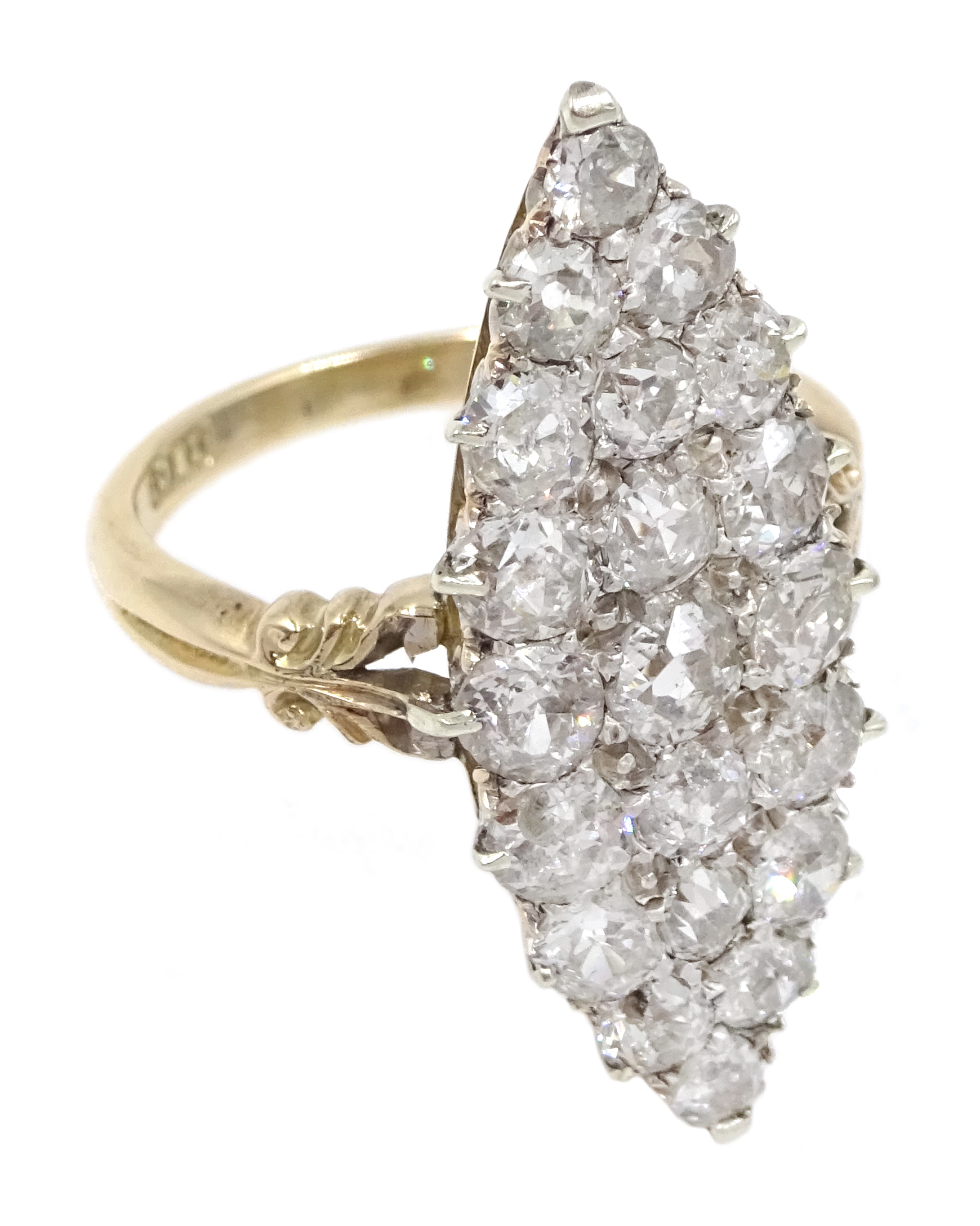 Victorian rose gold and silver, diamond marquise shaped ring, total diamond weight approx 1.70 carat - Image 9 of 12