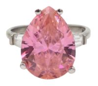 White gold pear shaped pink stone and cubic zirconia ring, stamped 14K