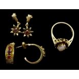 Gold opal and garnet ring, pair of gold garnet hoop earrings and pair of pendant earrings, all 9ct t