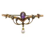 Edwardian gold amethyst, seed pearl and pearl brooch, stamped 9ct