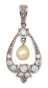 Platinum diamond and pearl, milgrain set pendant