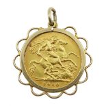 1910 gold half sovereign, loose mounted in 9ct gold mount hallmarked