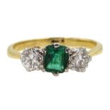 18ct gold emerald and round brilliant cut diamond ring, total diamond approx 0.40 carat