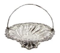 Victorian silver pedestal fruit basket with swing handle, applied vine and grape decorative border,