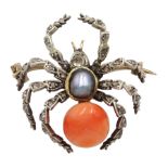 Victorian gold and silver spider brooch, set with diamonds, coral and a grey split pearl
