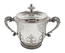 Edwardian Britannia silver twin handled lidded cup, in the late 17th Century style, with applied sty