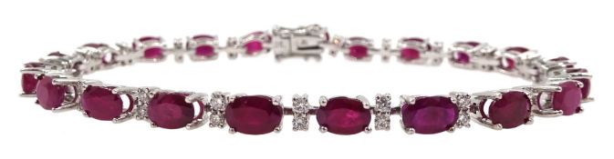 18ct white gold oval ruby and diamond bracelet, hallmarked, total ruby weight 11.00 carat, total dia