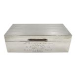 Silver cigarette box, engine turned decoration by William Neale & Son, Birmingham 1926, incribed 'Fr