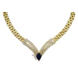 18ct gold diamond and sapphire necklace, brick link design leading to diamond V design, consisting o
