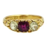 Victorian 18ct gold three stone cushion cut ruby and round chrysoberyl ring, hallmarked