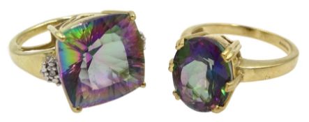 Gold square cut mystic topaz and diamond ring and an oval mystic topaz ring, both hallmarked 9ct