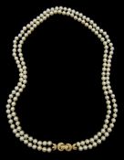 Double strand Akoya pearl necklace with gold diamond clasp, stamped 18K 750
