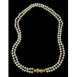 Double strand Akoya pearl necklace with gold diamond clasp, stamped 18K 750