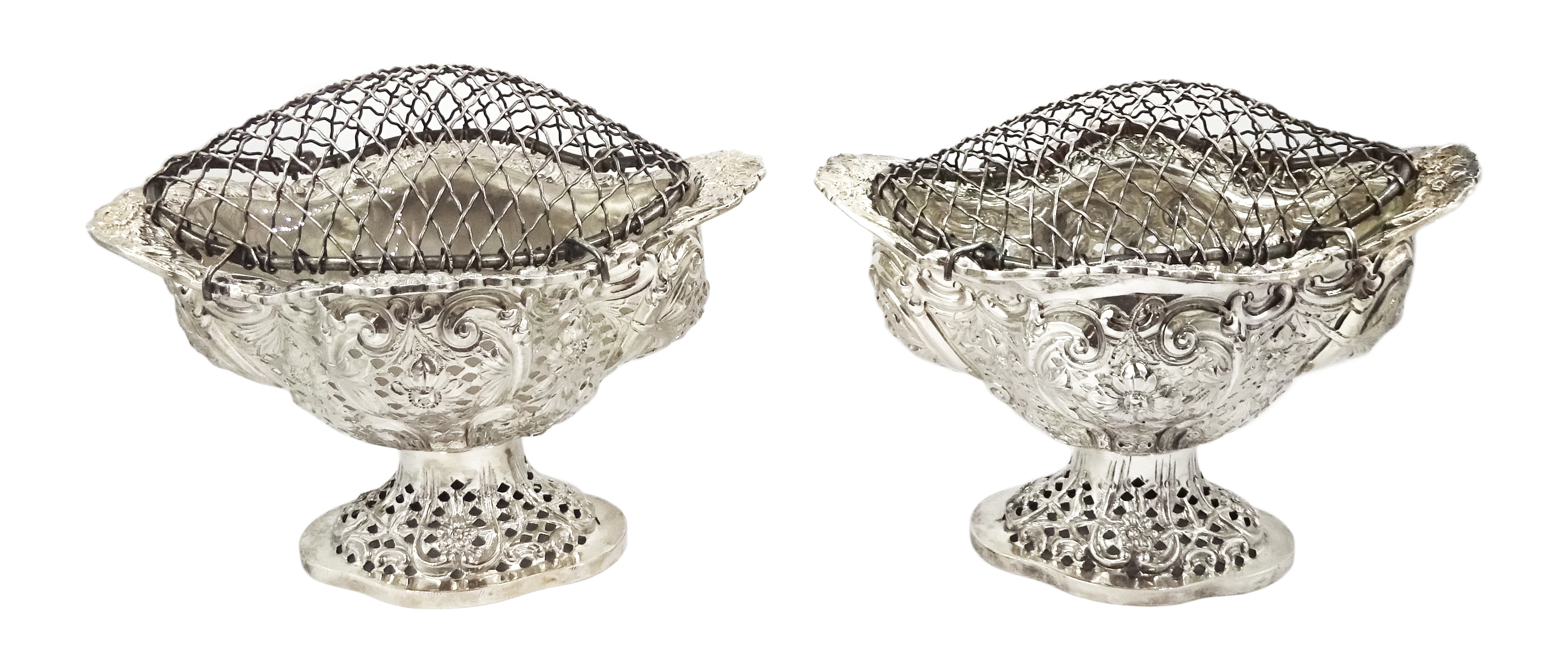 Four Victorian silver pedestal bon bon dishes, embossed foliate and pierced decoration, with glass l - Image 13 of 20