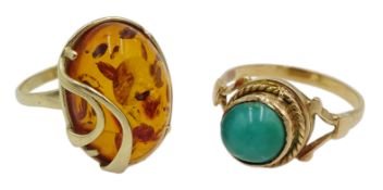 Polish 14ct gold oval Balic amber ring, hallmarked and an 18ct single stone turquoise ring