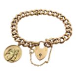 9ct gold curb link bracelet, with heart locket and 9ct gold St Christopher charm, hallmarked, approx